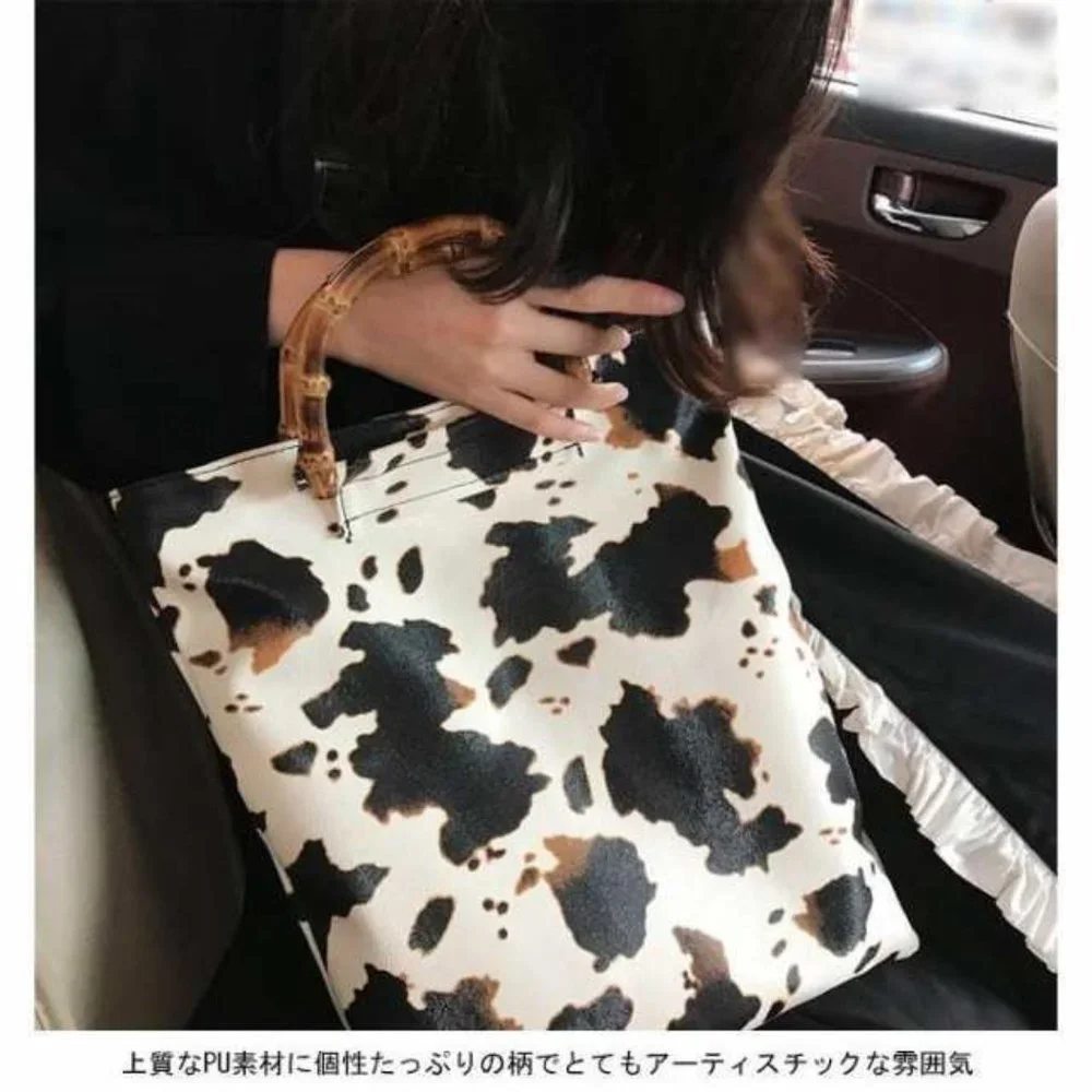 Cow Print Handbag Bamboo Handle Purse Womens Western Collapsible Top Handle Bag